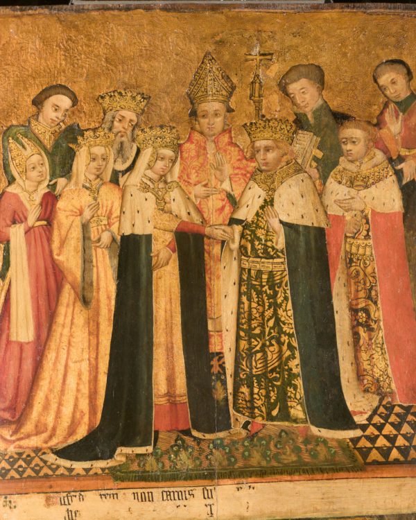 A section of the Etheldreda panel depicts a wedding. Two people hold hands with a religious figure behind them, surrounded by a group of people in ornate dress, with crowns and cloaks