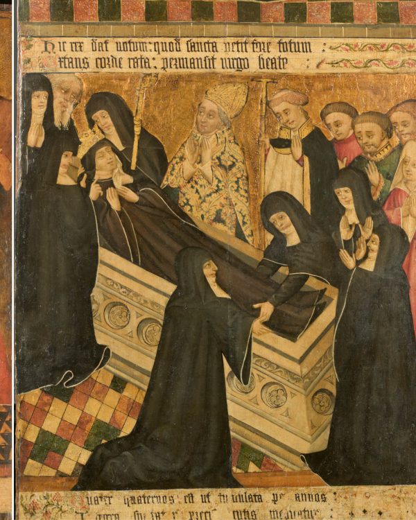 A detail from the Etheldreda panel depicts a group of figures in black, some praying and others placing a body into a stone coffin