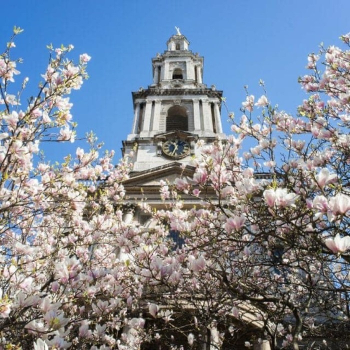 St Mary le Strand surrounded by blossom and blue skies, Strand Aldwych.