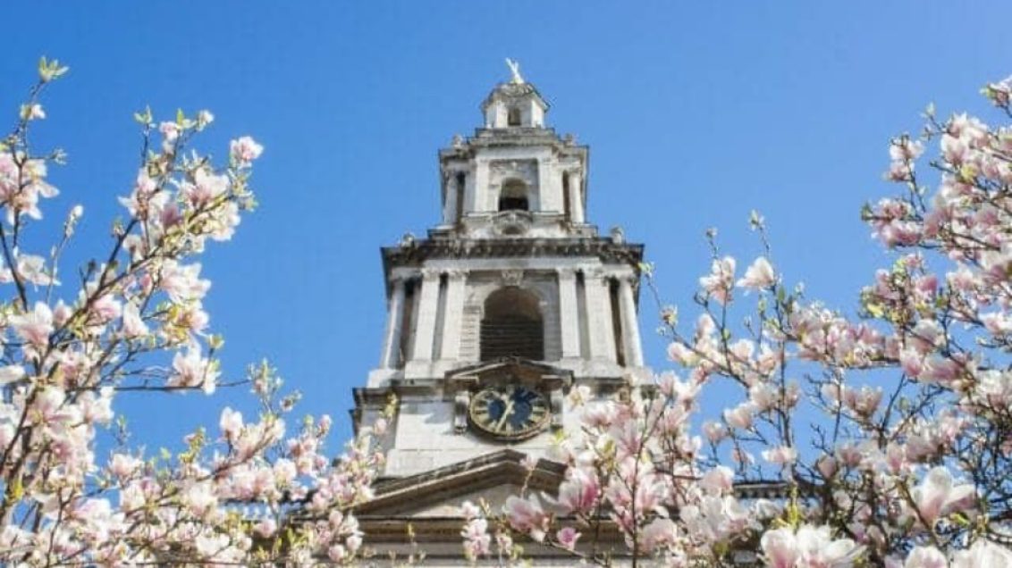 St Mary le Strand surrounded by blossom and blue skies, Strand Aldwych.