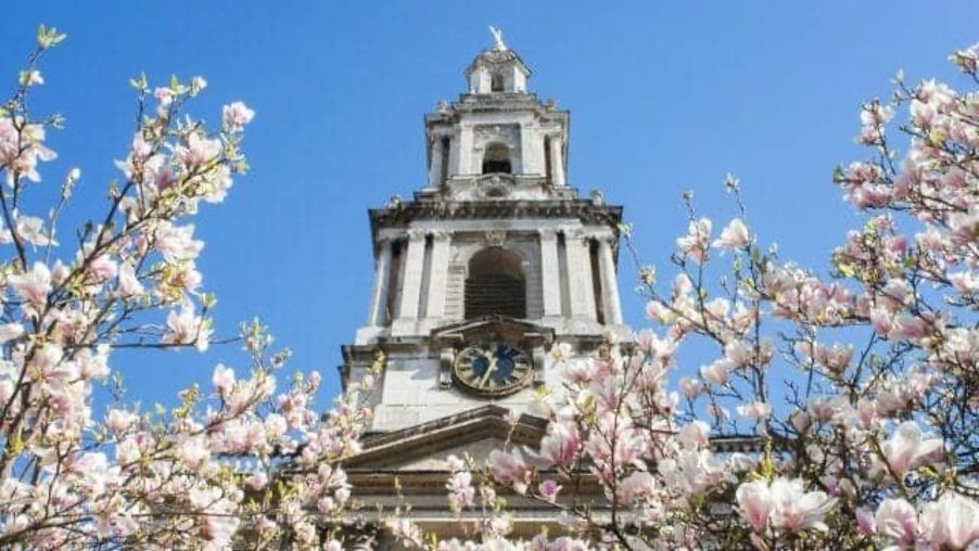 St Mary le Strand surrounded by blossom and blue skies, Strand Aldwych.