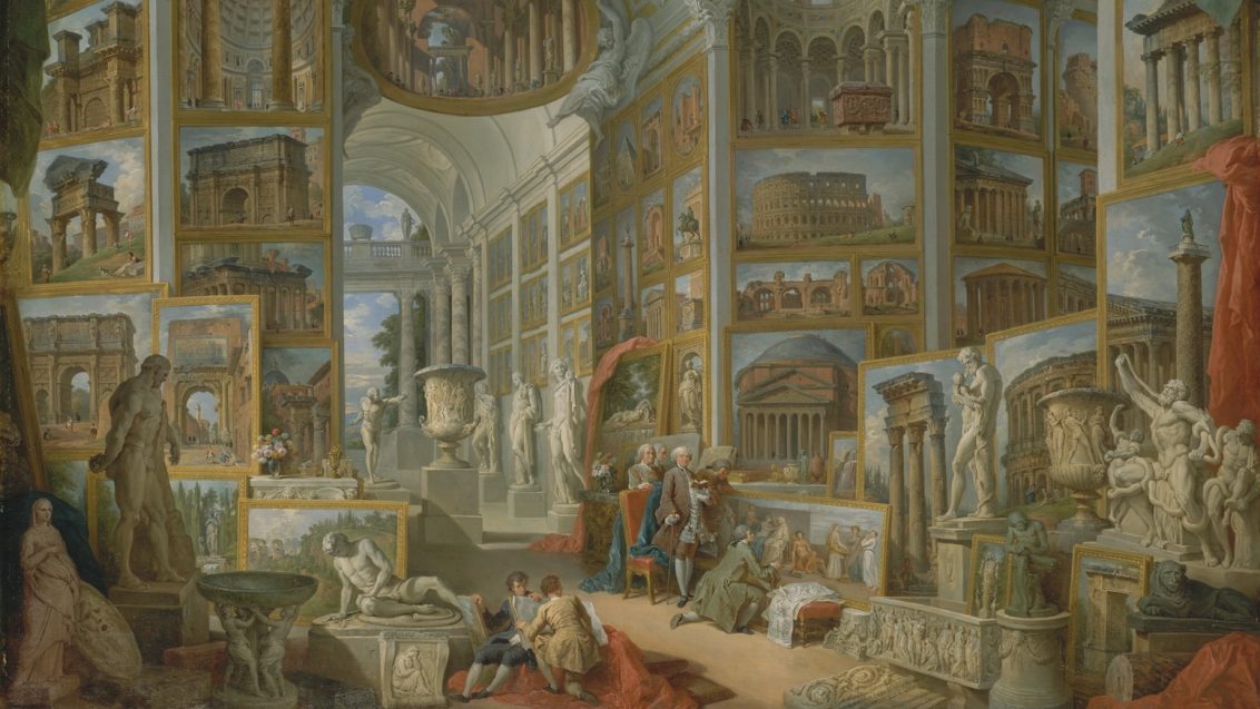 Painting of artists studio with high ceilings