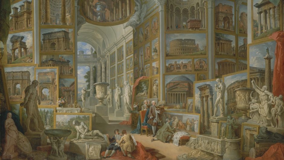 Painting of artists studio with high ceilings