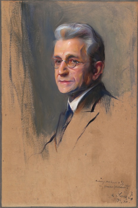 Painting of Paul Laib, with grey hair and wearing glasses and a black suit. The painting is unfinished; only the face and the upper right part of the background are painted.