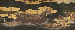 Six-panel folding Japanese screen depicting the arrival of the Europeans.