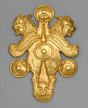 Gold plaque with horned lion-griffins made in Iran.