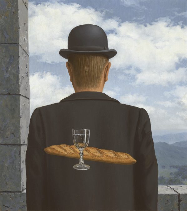 Painting of a man in a bowler hat and black jacket stood at a window, facing away looking outside. Hovering in the foreground is a baguette and a wine glass filled with clear liquid.