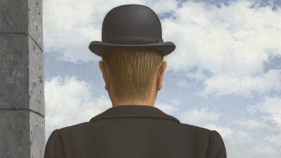 Painting of a man in a bowler hat and black jacket stood at a window, facing away looking outside. Hovering in the foreground is a baguette and a wine glass filled with clear liquid.