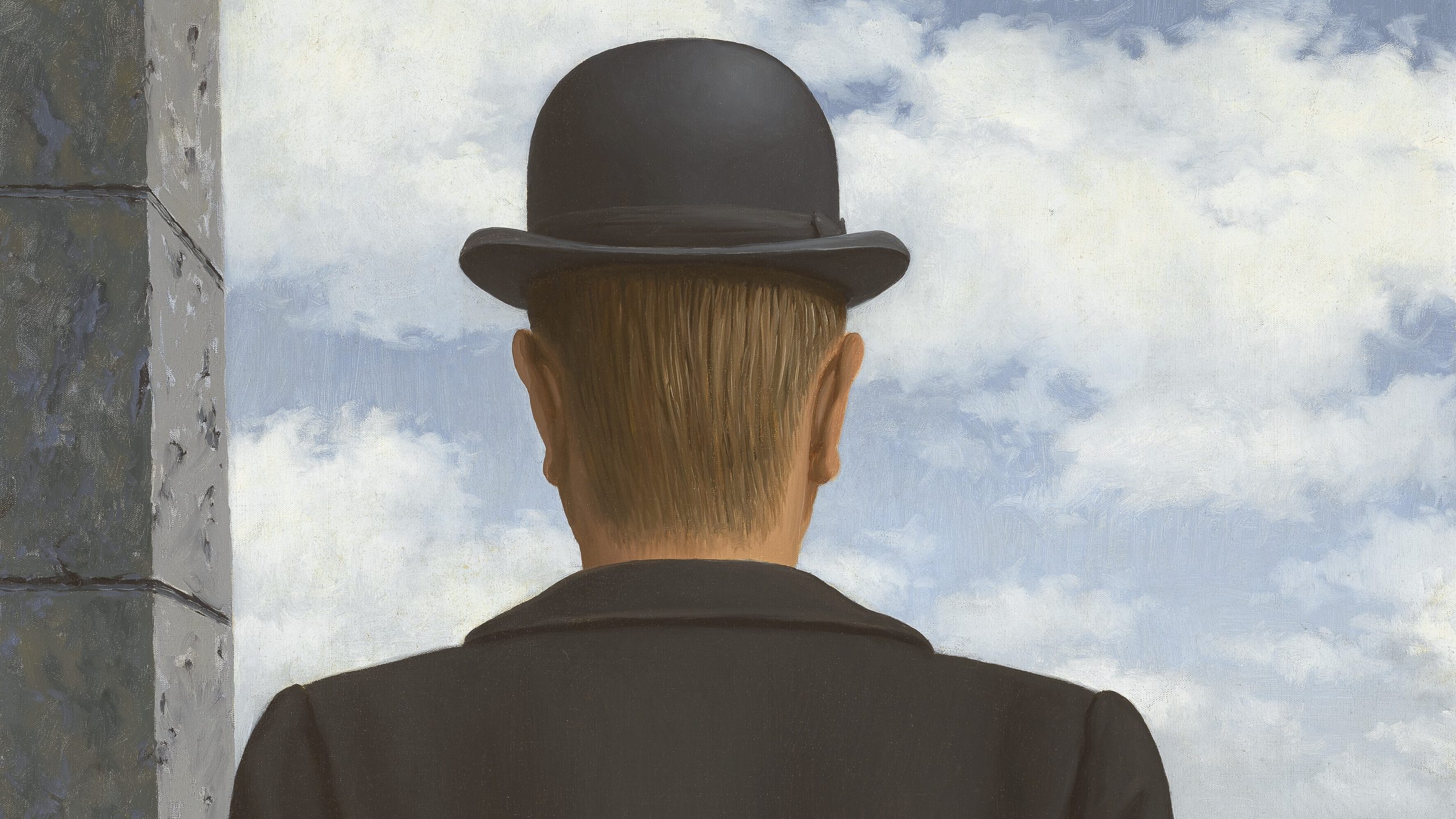 Painting of a man in a bowler hat and black jacket stood at a window, facing away looking outside. Hovering in the foreground is a baguette and a wine glass filled with clear liquid.