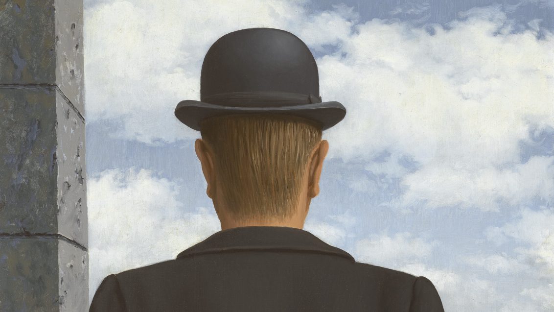 Painting of a man in a bowler hat and black jacket stood at a window, facing away looking outside. Hovering in the foreground is a baguette and a wine glass filled with clear liquid.