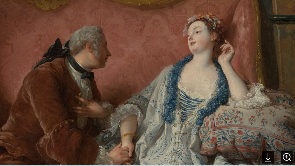 A nobleman kneels next to a woman in a blue dress holding her hand.