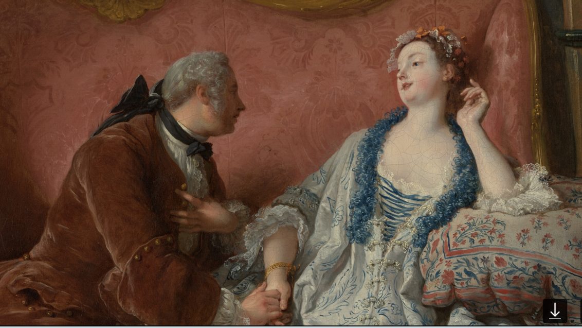A nobleman kneels next to a woman in a blue dress holding her hand.
