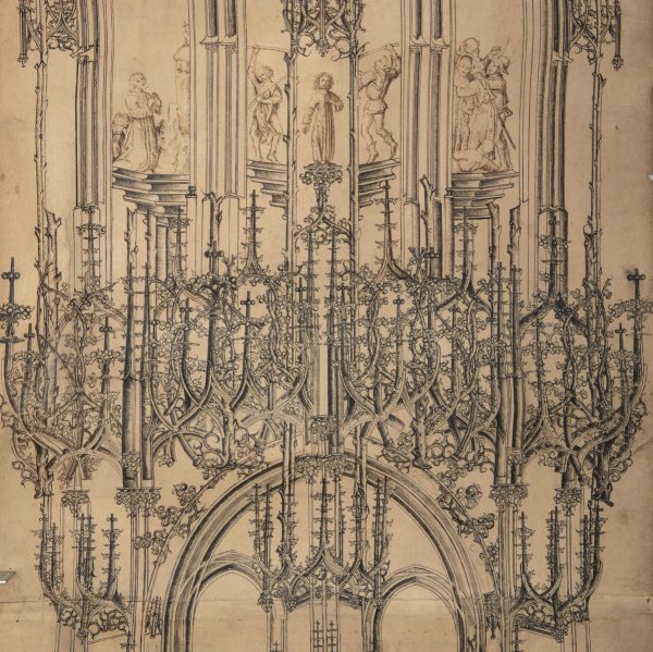 Intricate pencil drawing on a brown background, showing a gothic design above a door with figures poised above that.