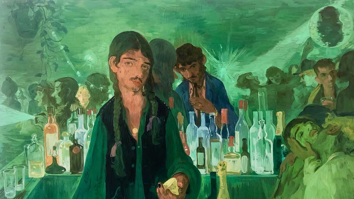 A painting of a man cutting a lemon behind a bar. The whole scene is a green hue and in the background there are rows of alcohol bottles (a bar), and a nightclub full of people.