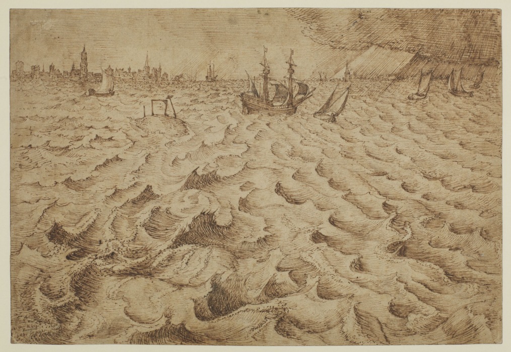 Pen-and-ink drawing of a choppy sea filled with rhythmic, curling waves, several sailing ships including a large three-masted vessel in the middle distance, and a hazy city skyline of spires and towers along the horizon.