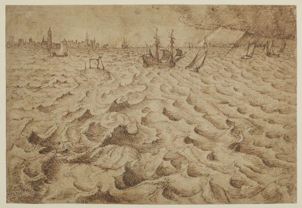 Pen-and-ink drawing of a choppy sea filled with rhythmic, curling waves, several sailing ships including a large three-masted vessel in the middle distance, and a hazy city skyline of spires and towers along the horizon.