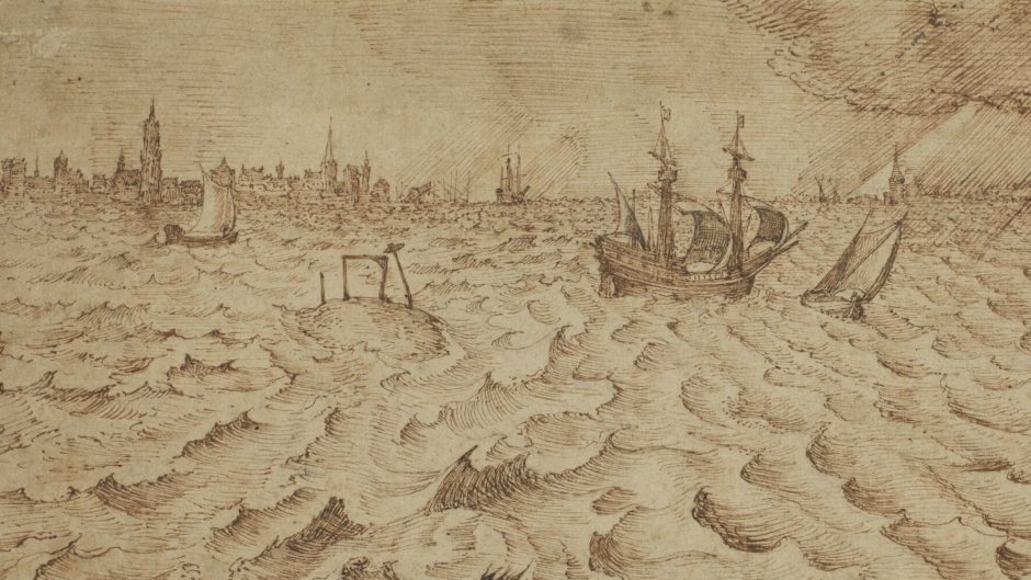 Pen-and-ink drawing of a choppy sea filled with rhythmic, curling waves, several sailing ships including a large three-masted vessel in the middle distance, and a hazy city skyline of spires and towers along the horizon.