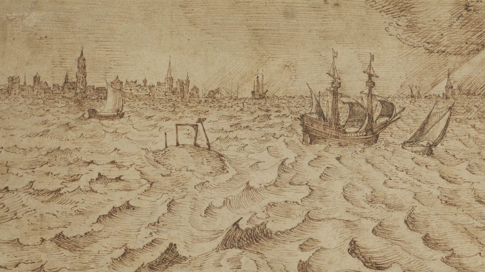 Pen-and-ink drawing of a choppy sea filled with rhythmic, curling waves, several sailing ships including a large three-masted vessel in the middle distance, and a hazy city skyline of spires and towers along the horizon.