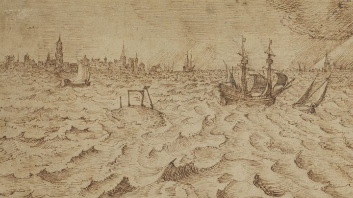 Pen-and-ink drawing of a choppy sea filled with rhythmic, curling waves, several sailing ships including a large three-masted vessel in the middle distance, and a hazy city skyline of spires and towers along the horizon.
