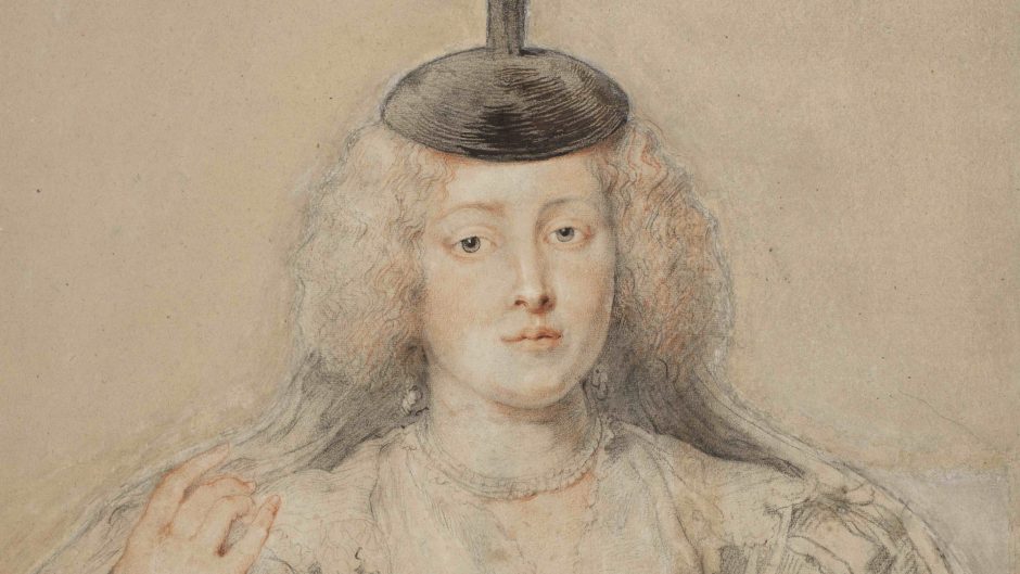 A drawing of a richly dressed woman holding a prayer, also wearing a pompom-topped cap with a veil.