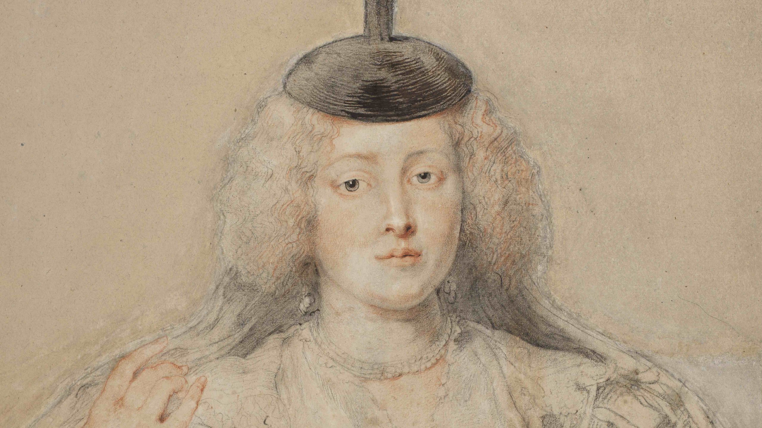 A drawing of a richly dressed woman holding a prayer, also wearing a pompom-topped cap with a veil.