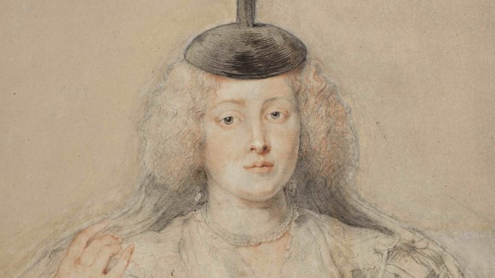 A drawing of a richly dressed woman holding a prayer, also wearing a pompom-topped cap with a veil.