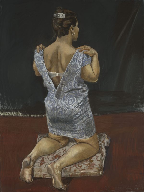 Painting of a woman kneeled on a pillow against a red carpeted floor. Her back is turned and she is slipping a blue mini dress off her shoulders.