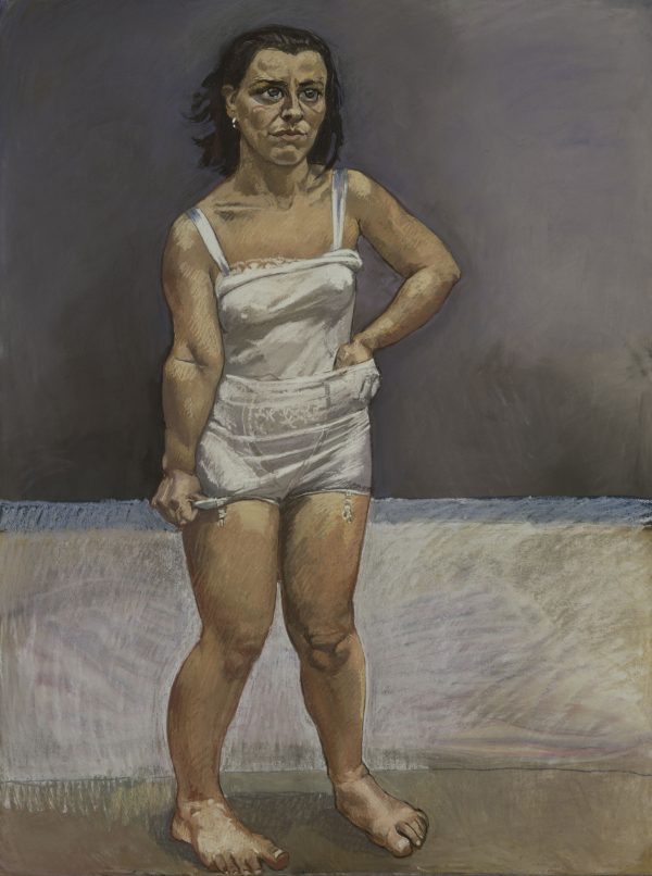 Painting of a woman standing against a white half wall, dressed in a white nightdress with one hand on her hip. She has dark hair and a vacant expression.
