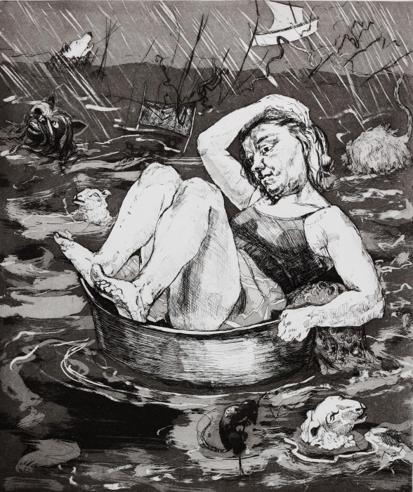 Black and white etching of a woman sat in a bowl on a stormy sea, covering her head from the rain.