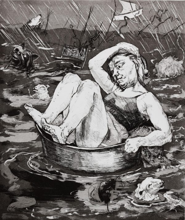 Black and white etching of a woman sat in a bowl on a stormy sea, covering her head from the rain.