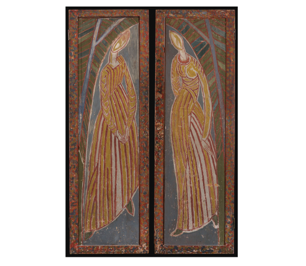 Two door panels showing two women wearing long dresses, filling the tall frame.