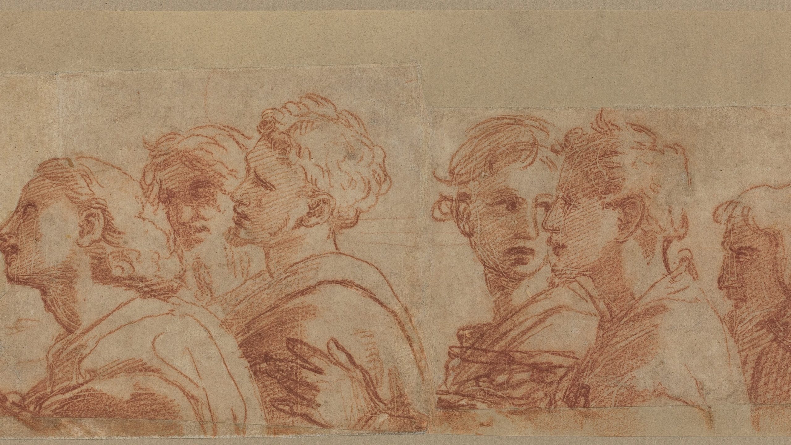 This drawing by Raphael is a sketch of several people facing the left, depicted from the chest up. The individuals are standing together in a group. Their hair is in a variety of styles, and they are dressed in draped garments. The person at the front of the group has their hands clasped together in front of their chest. The background is plain beige paper, and the lines of the drawing have been done in red.