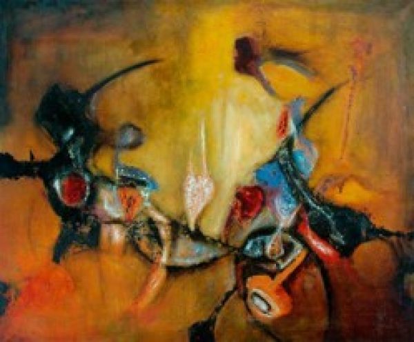 A canvas with visible brush marks, shapes painted in gold colours and blues