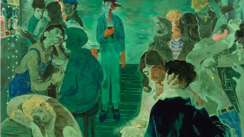 Green toned painting of a bar with figures.