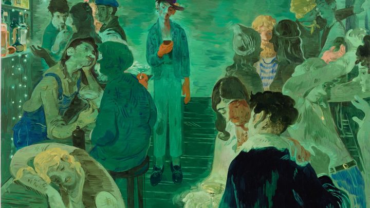 Green toned painting of a bar with figures.