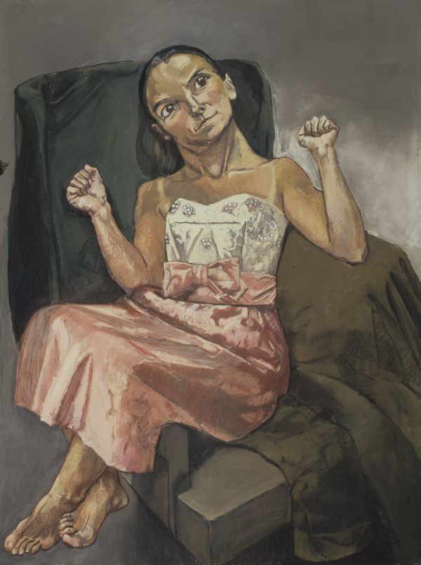 Painting of a woman in a pink skirt sat on a chair.