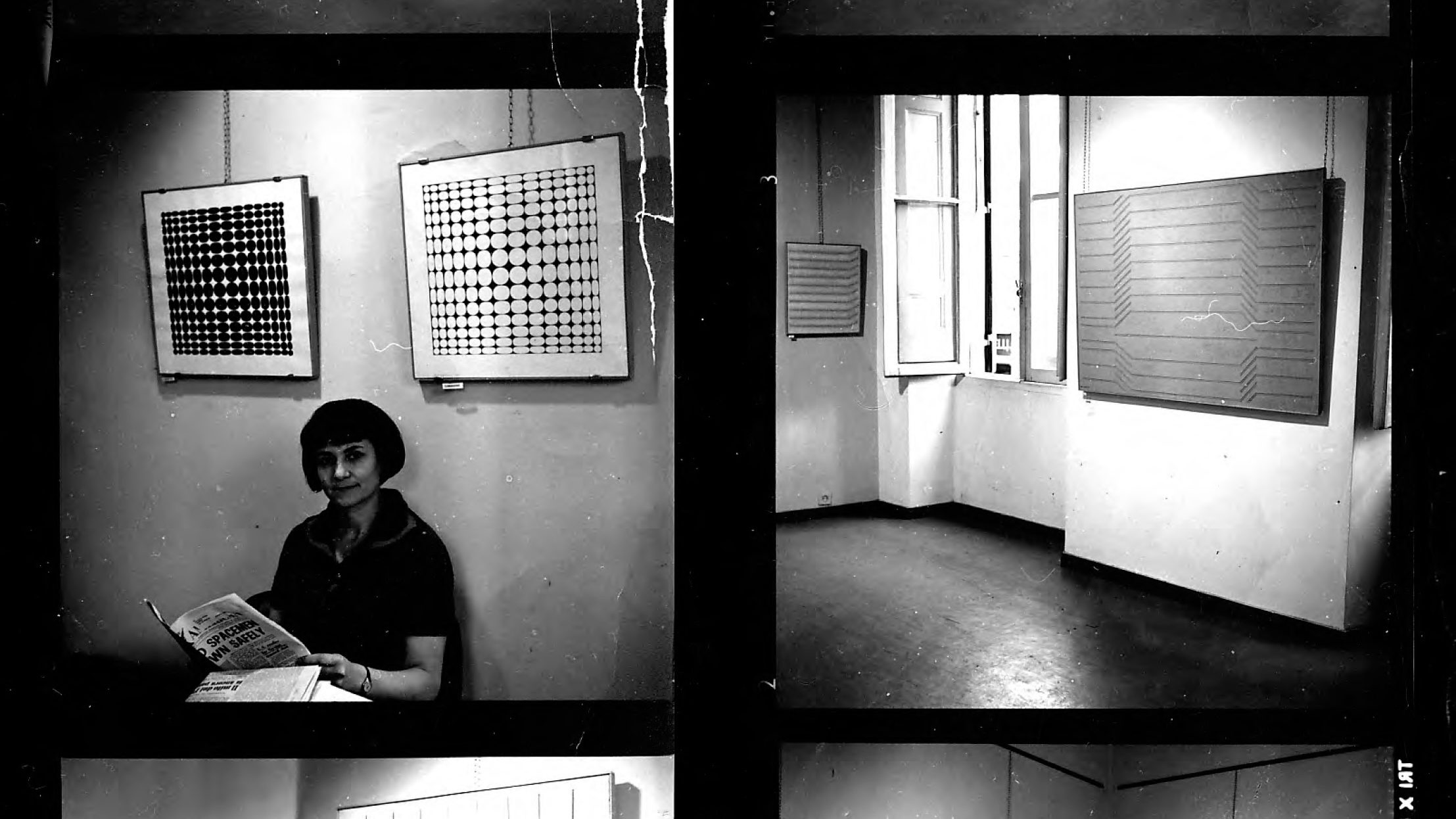 black and white contact sheet photographs of Milena Čubraković seated with newspapers