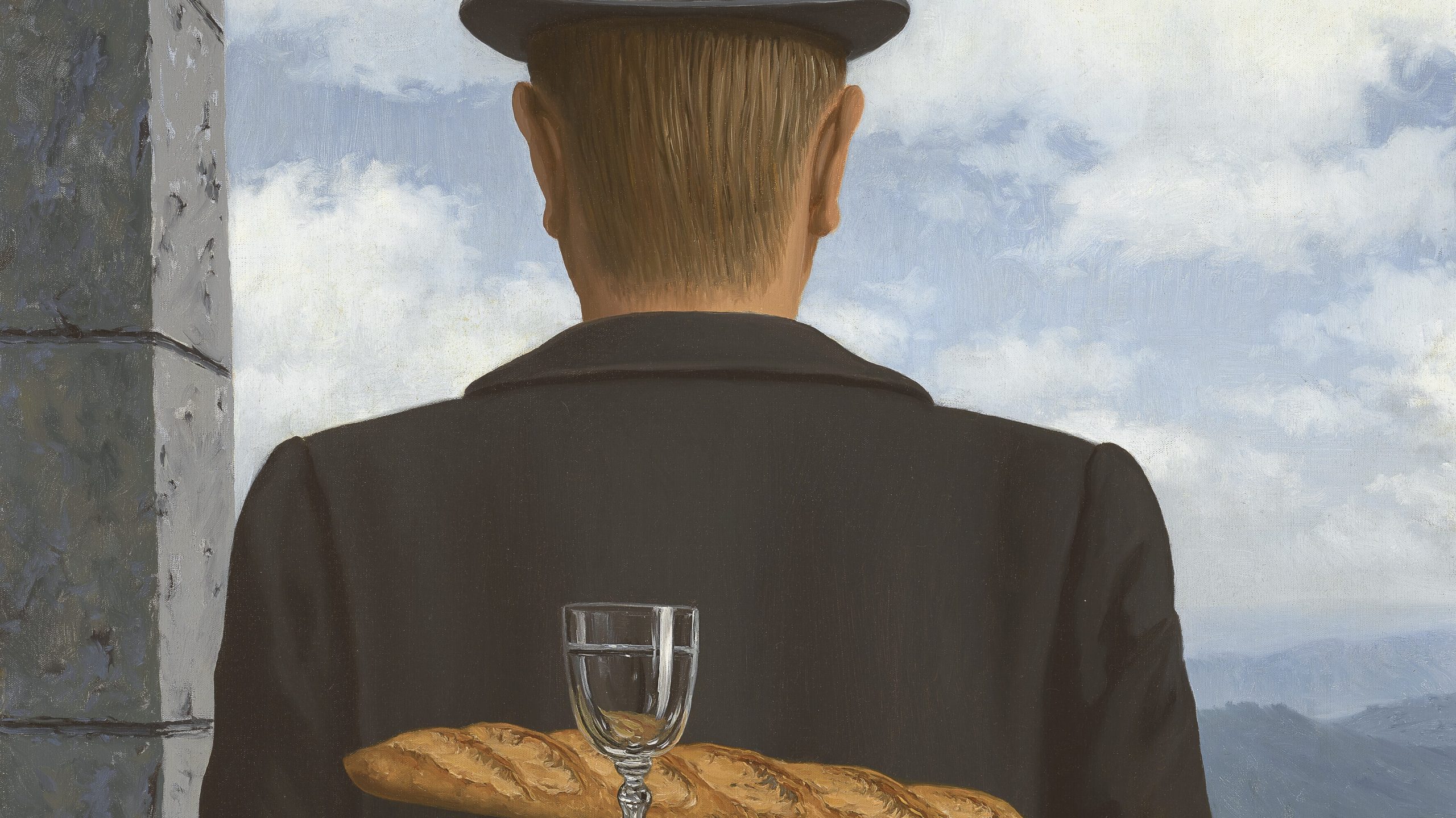 Painting of a man in a bowler hat and black jacket stood at a window, facing away looking outside. Hovering in the foreground is a baguette and a wine glass filled with clear liquid.