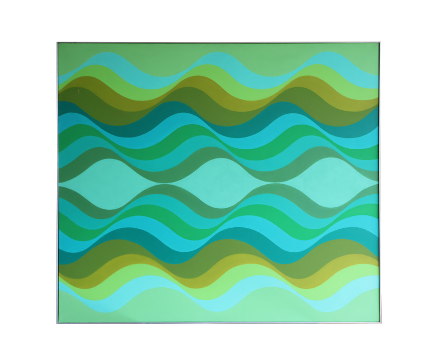 Abstract painting in waves of green and blue.