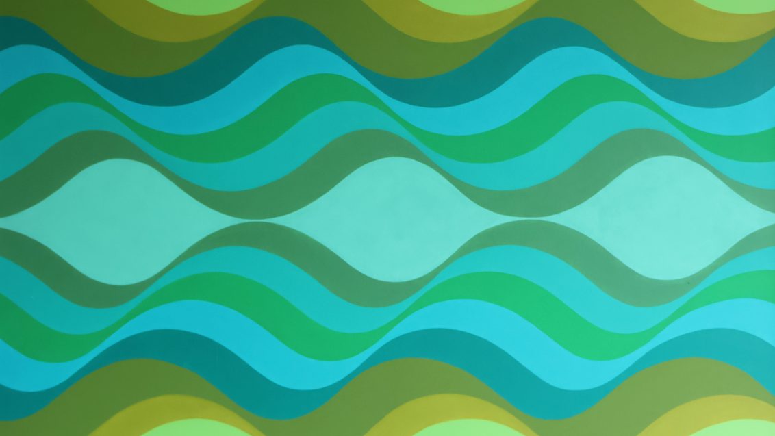 Abstract painting in waves of green and blue.
