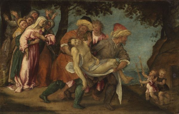 Oil painting of two men carrying the dead Christ towards his tomb on the right while on the left his bereaved mother, Mary, is supported by a group of women as she faints.