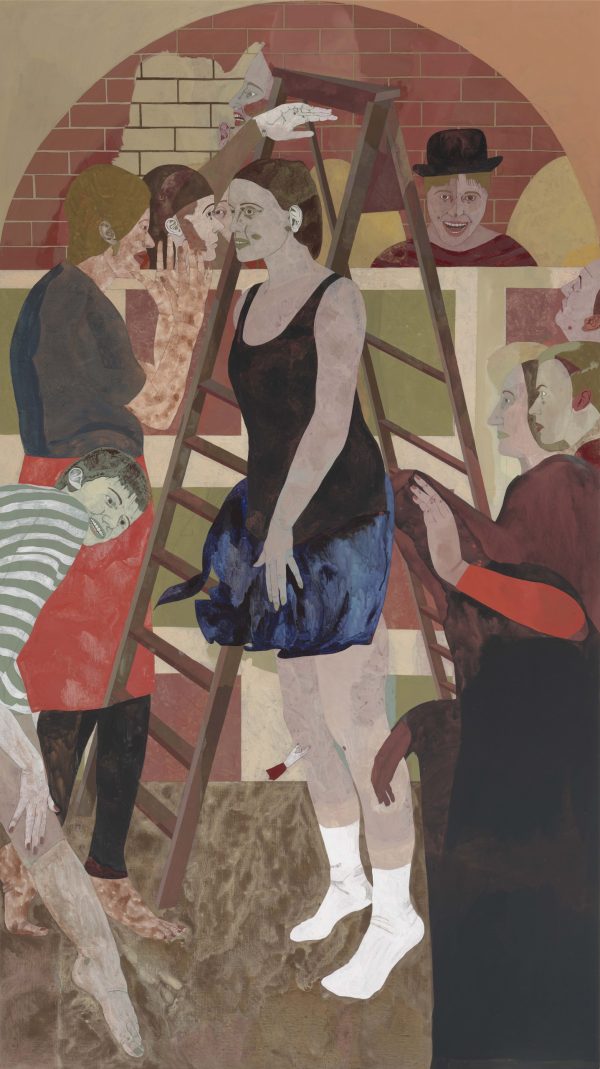 Vertical painting of a woman with a vest top, shorts and white socks standing on tiptoes by a ladder. Many other people fill the scene, busying themselves around the ladder and backdrop.