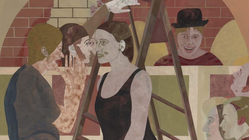 Vertical painting of a woman with a vest top, shorts and white socks standing on tiptoes by a ladder. Many other people fill the scene, busying themselves around the ladder and backdrop.