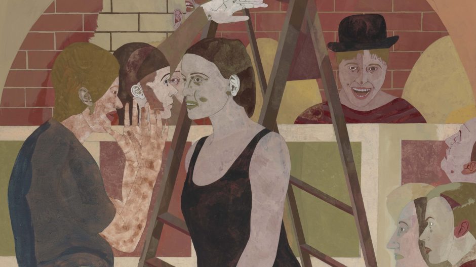 Vertical painting of a woman with a vest top, shorts and white socks standing on tiptoes by a ladder. Many other people fill the scene, busying themselves around the ladder and backdrop.