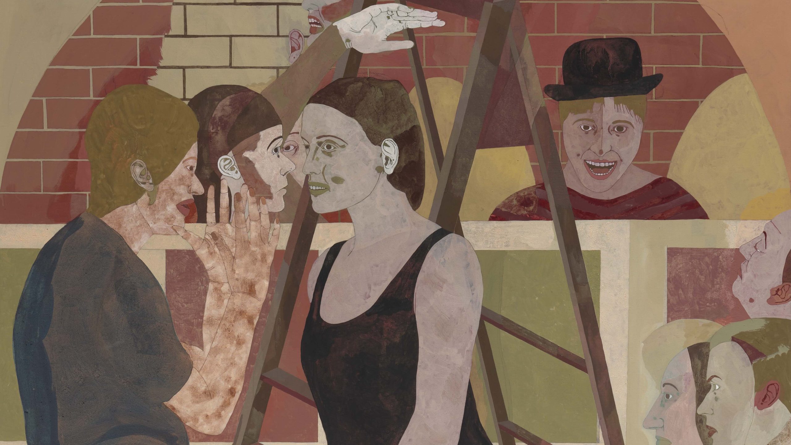 Vertical painting of a woman with a vest top, shorts and white socks standing on tiptoes by a ladder. Many other people fill the scene, busying themselves around the ladder and backdrop.