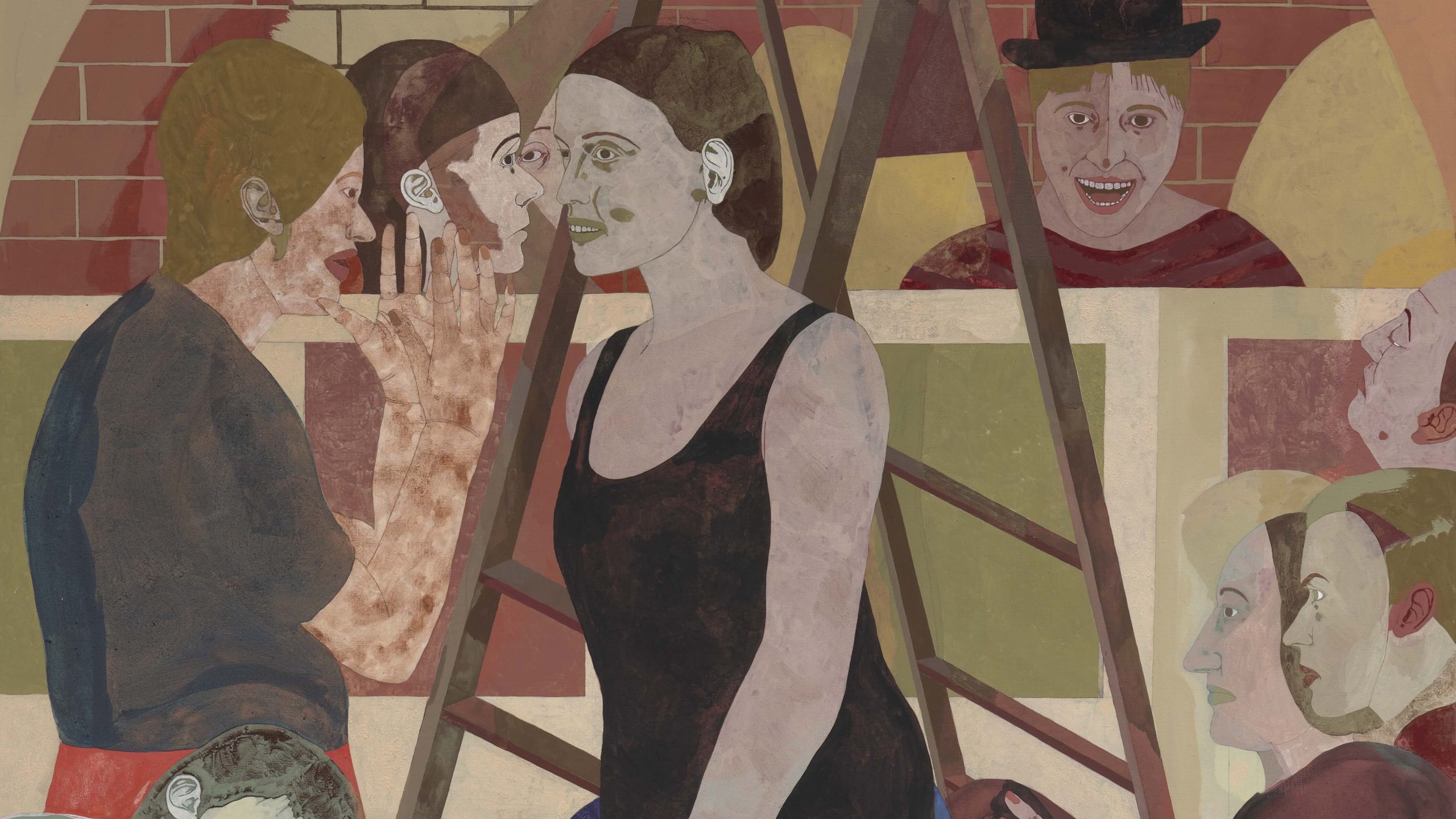 Vertical painting of a woman with a vest top, shorts and white socks standing on tiptoes by a ladder. Many other people fill the scene, busying themselves around the ladder and backdrop.
