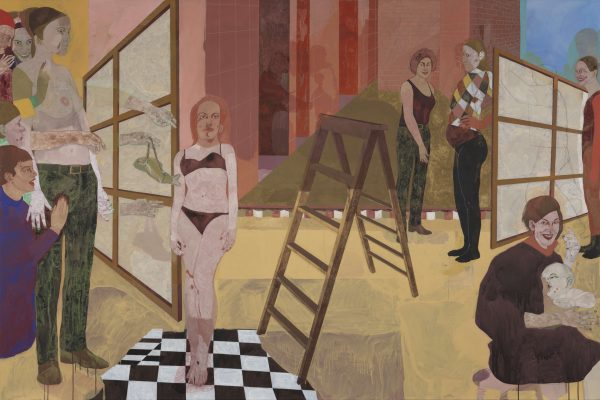 Landscape portrait of a group women, many smiling, breaking with traditional portraiture. A ladder is in the centre, and the central figure is a woman in underwear standing on a checkerboard floor.