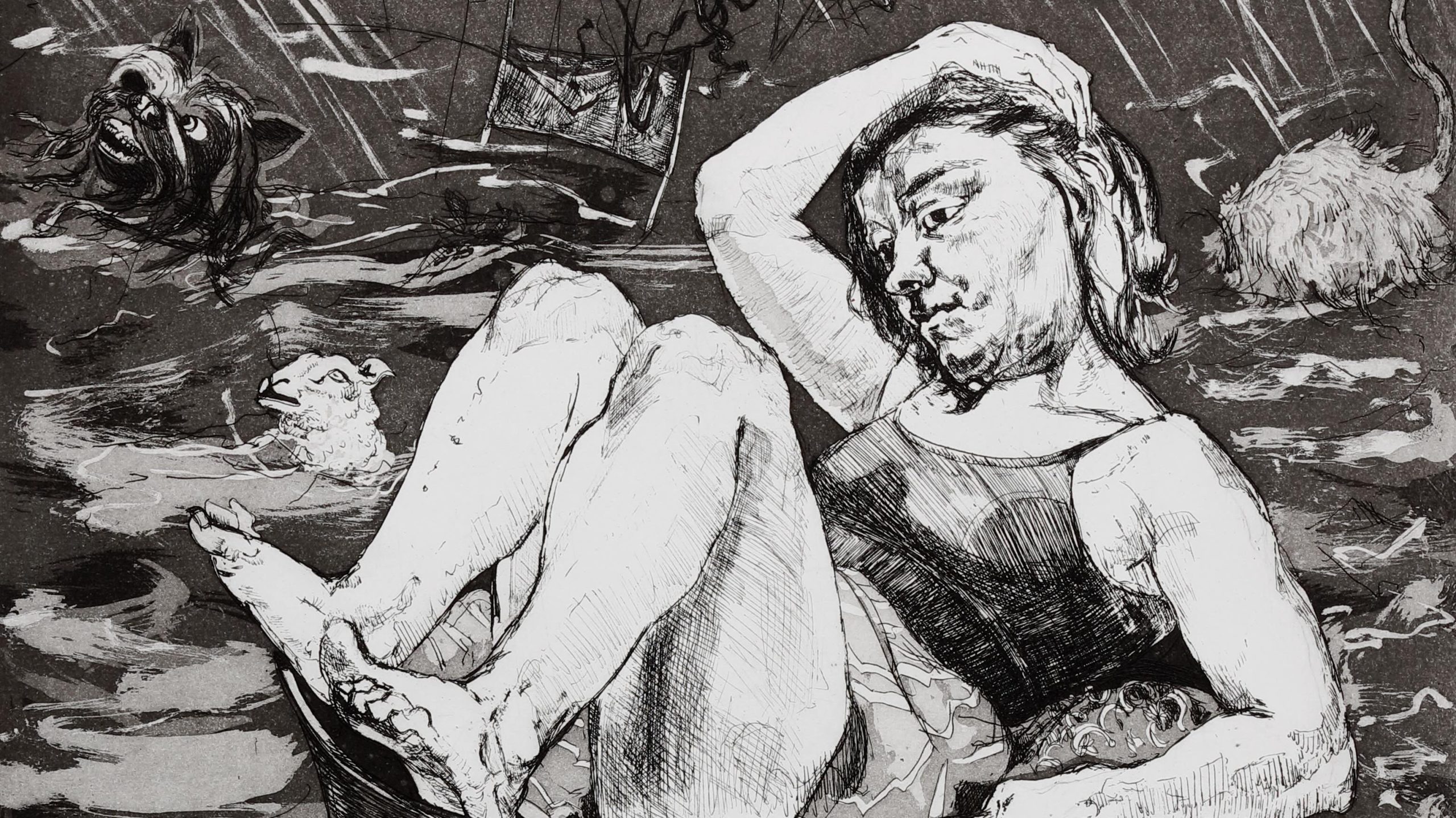 Black and white etching of a woman sat in a bowl on a stormy sea, covering her head from the rain.