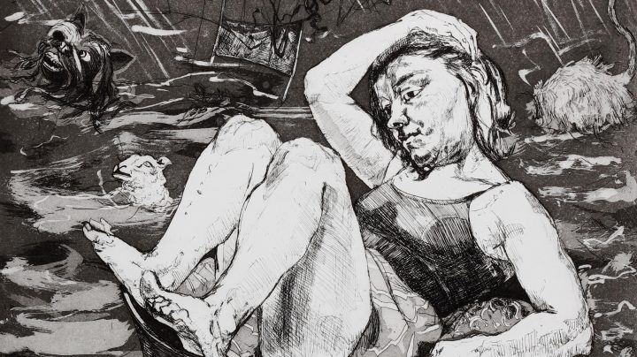Black and white etching of a woman sat in a bowl on a stormy sea, covering her head from the rain.