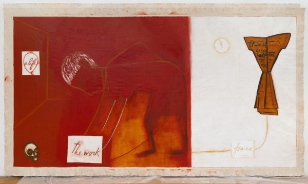 Mira Schor, The Work (Red Studio), 2021, oil on canvas, 279.4 x 546.1 cm © Mira Schor.KD collection, Hong Kong, courtesy Lyles & King, New York and Marcelle Alix, Paris.